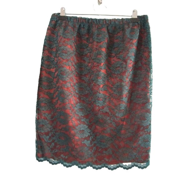 Vintage Hunter Green Sheer Lace Over Rust Acetate Lining Skirt Small GUC - Picture 1 of 12